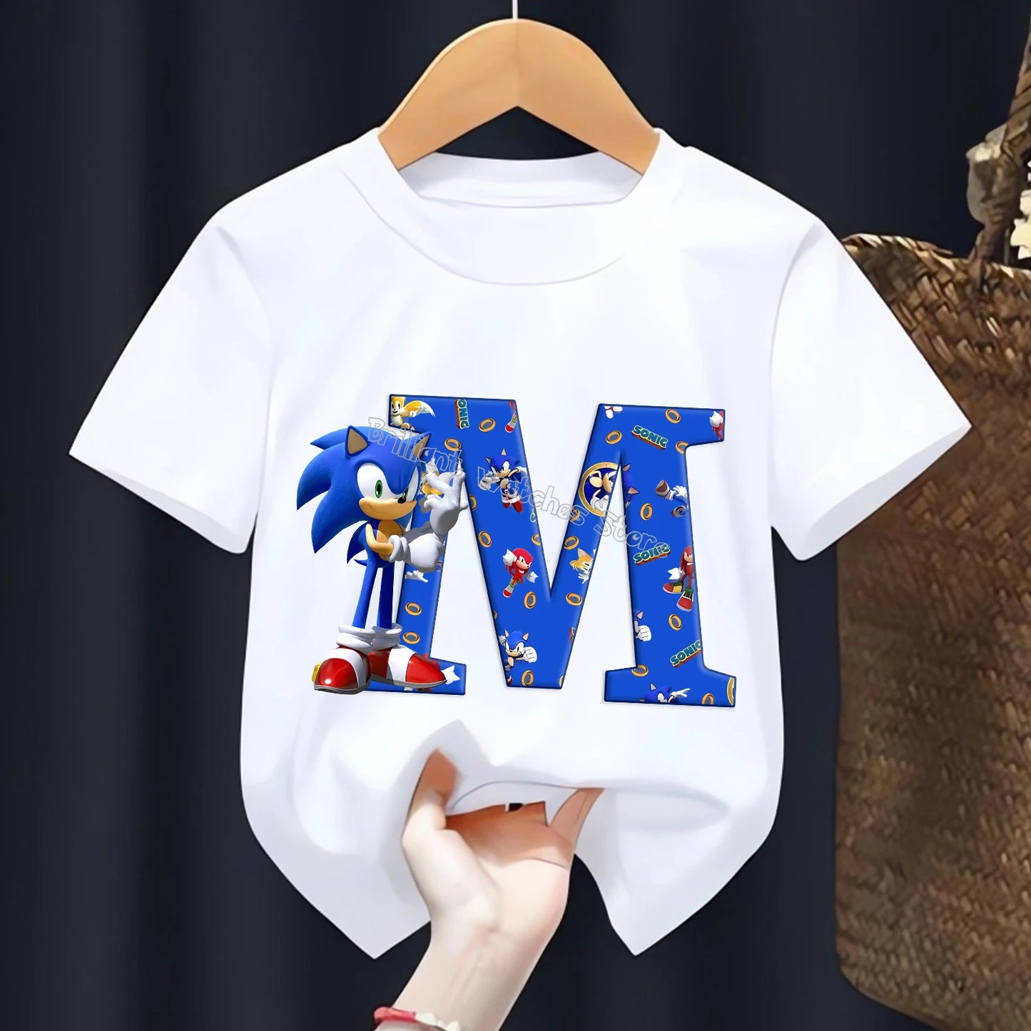 Sonic T-shirt for Children Letters A-Z Tee Top Cartoon Boys Clothes Fashion White Short Sleeve Kids Anime Loose Clothing Gift