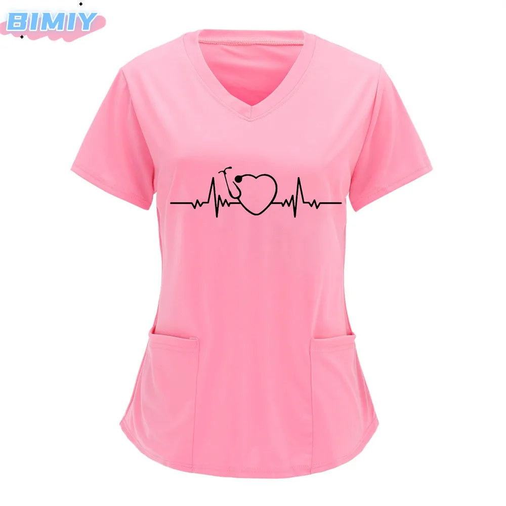 Letter Love Heart Nurse Uniform Print Tops V-Neck Pocket Medical Uniforms Nursing Scrubs Tops Working Clothes uniforme enfermera