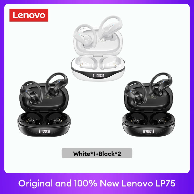 Lenovo LP75 TWS Bluetooth V5.3 headphones are wireless earphones that come with an LED digital display. They provide noise reduction and are waterproof, making them ideal for different activities. These headphones are brand new and perfect for listening t