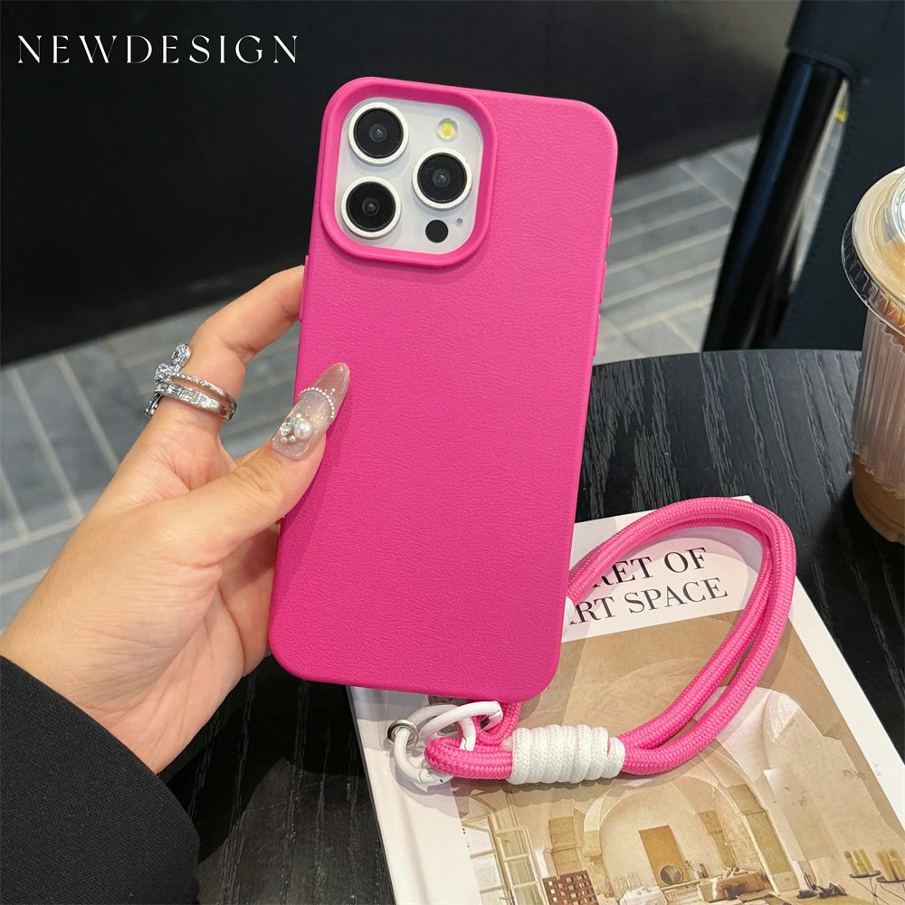 Fashion Cute Candy Leather Texture With Wrist Strap Case For iPhone 15 14 11 12 13 16 Pro Max Plus X XR XsMax Solid Color Cover