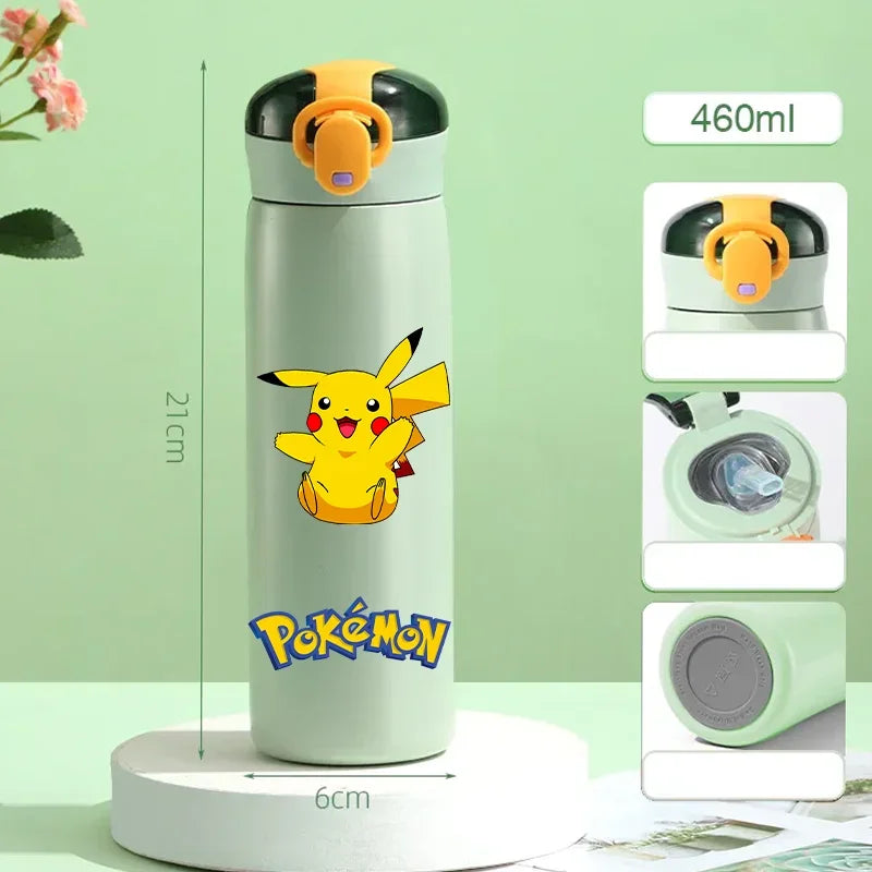 Pokemon 460ML Pikachu Portable Kids Thermos Mug with Straw Stainless Steel Cartoon Vacuum Flasks Cute Thermal Water Bottle