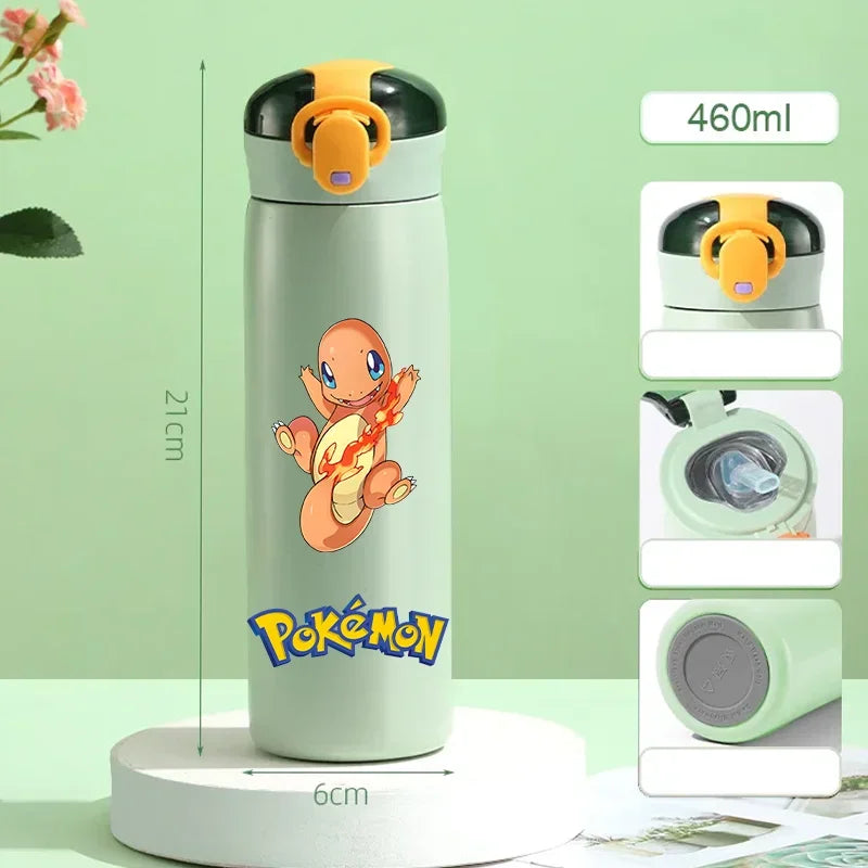 Pokemon 460ML Pikachu Portable Kids Thermos Mug with Straw Stainless Steel Cartoon Vacuum Flasks Cute Thermal Water Bottle