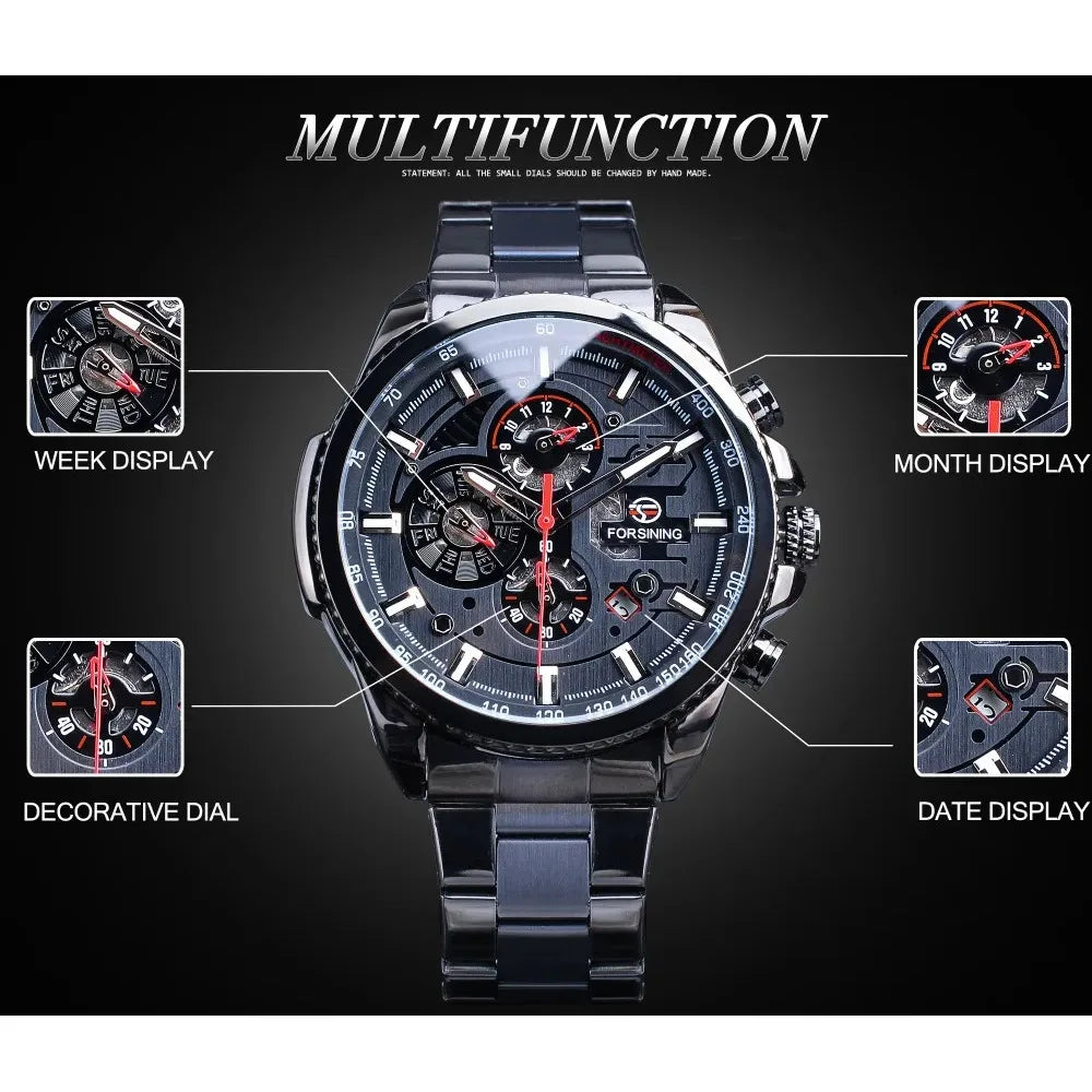 Forsining Top Men's Watches Military Stainless Steel Waterproof Date Week Display Brand Automatic Mechanical Watch for Men