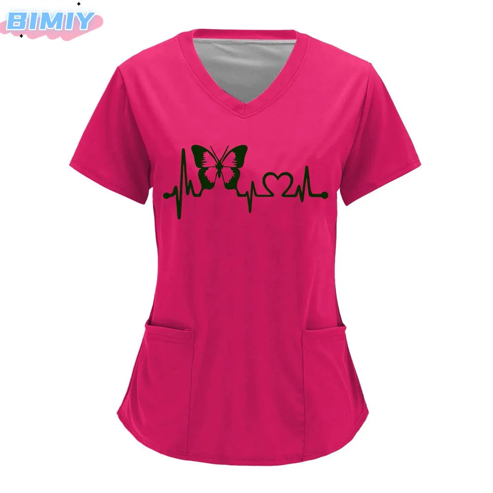 Letter Love Heart Nurse Uniform Print Tops V-Neck Pocket Medical Uniforms Nursing Scrubs Tops Working Clothes uniforme enfermera