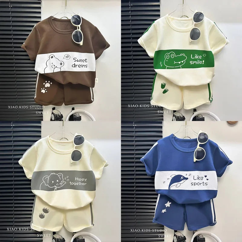 2024 New Kids Short Sleeve Suit Striped Girls Boys Set Summer Tops +short Baby Clothes Children's Wear