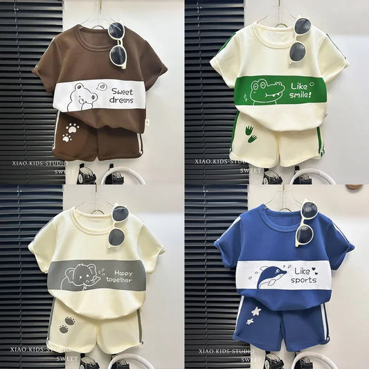 2024 New Kids Short Sleeve Suit Striped Girls Boys Set Summer Tops +short Baby Clothes Children's Wear