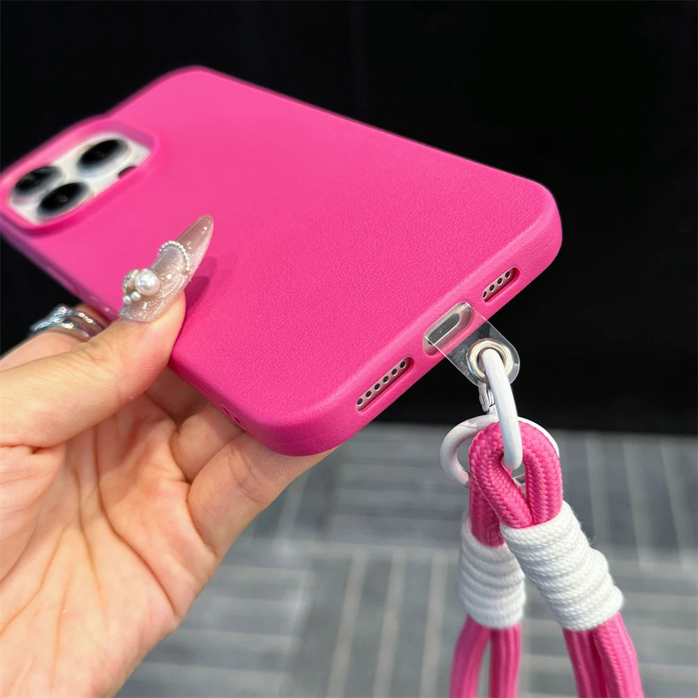 Fashion Cute Candy Leather Texture With Wrist Strap Case For iPhone 15 14 11 12 13 16 Pro Max Plus X XR XsMax Solid Color Cover