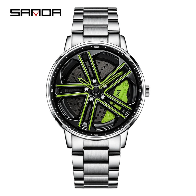 SANDA P1090 Regarder Mens Rim Hub Watch Wheel Wristwatch Clock Sport Car Creative 360 Spinning male WristWatches Reloj de hombre