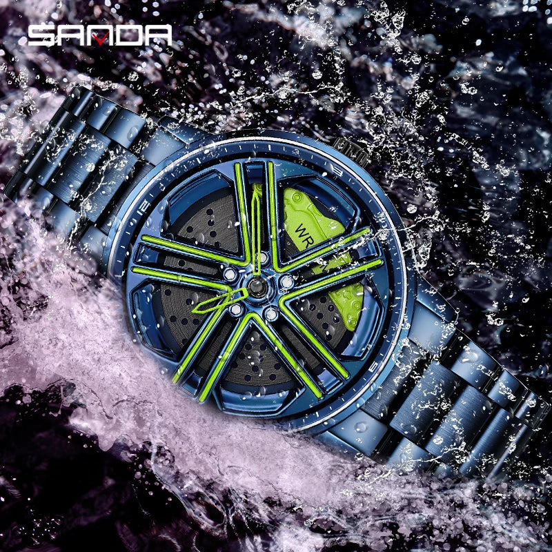 SANDA P1090 Regarder Mens Rim Hub Watch Wheel Wristwatch Clock Sport Car Creative 360 Spinning male WristWatches Reloj de hombre