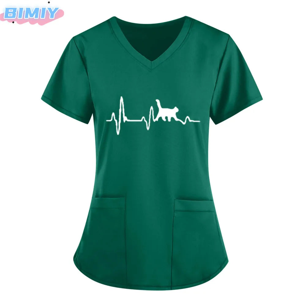 Letter Love Heart Nurse Uniform Print Tops V-Neck Pocket Medical Uniforms Nursing Scrubs Tops Working Clothes uniforme enfermera