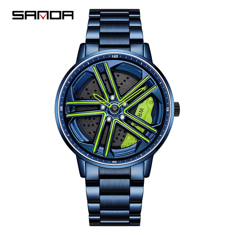 SANDA P1090 Regarder Mens Rim Hub Watch Wheel Wristwatch Clock Sport Car Creative 360 Spinning male WristWatches Reloj de hombre