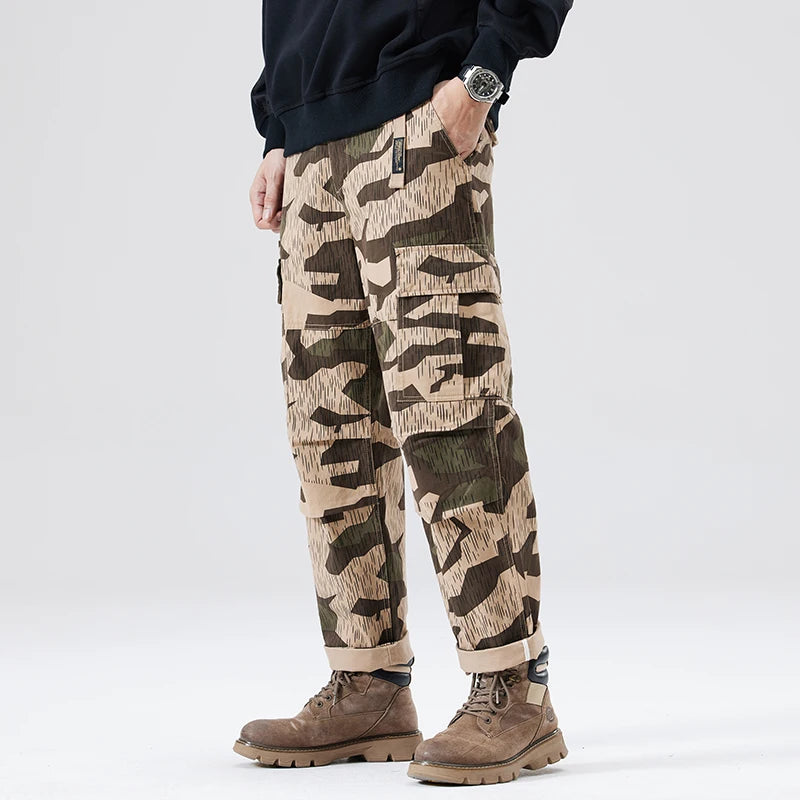 New Japanese Vintage Men's Casual Pants Camouflage Cargo Pants Male Straight Fashion Crimping Male Clothes Baggy Trousers