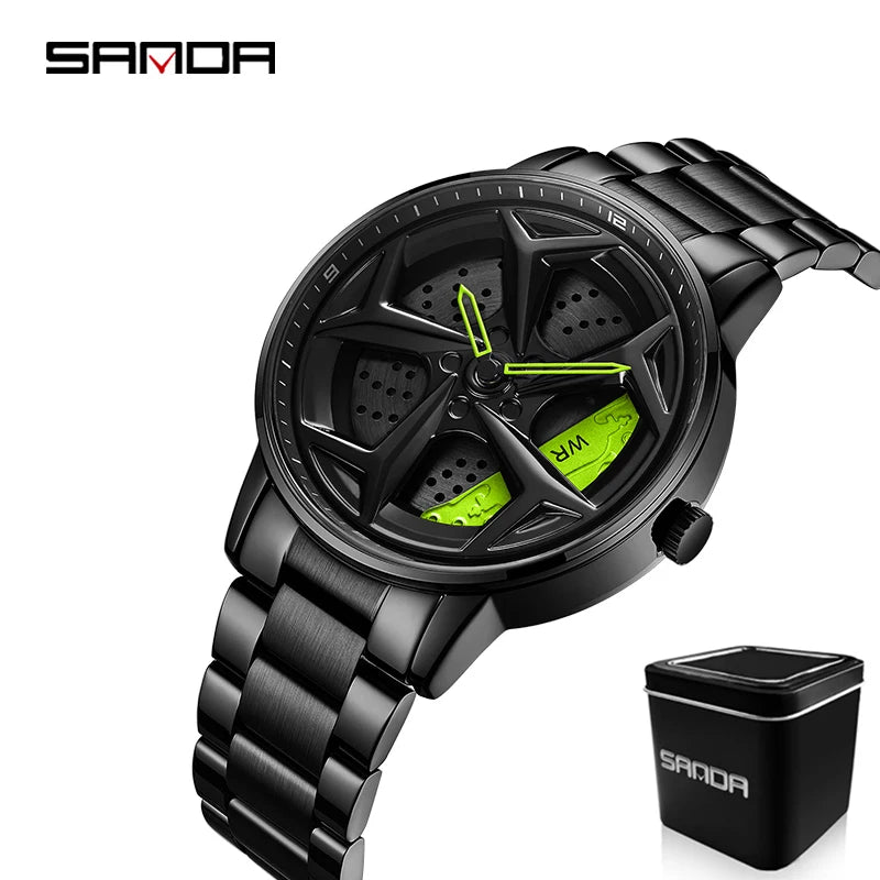 SANDA P1087 Top Brand Sport Car Wheel Rim Hub Watches For GTR Men Super Watch Stainless Steel Waterproof WristWatch Male Reloj