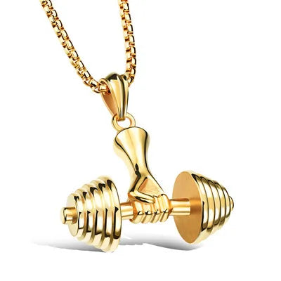 Fashionable dumbbell necklace designed for muscle men, perfect for sports and fitness. It's a great couple's gift and fits well with hip hop gym trends. Ideal jewelry for fitness lovers!