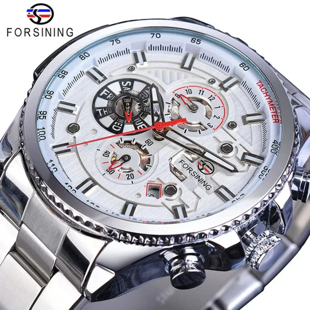 Forsining Top Men's Watches Military Stainless Steel Waterproof Date Week Display Brand Automatic Mechanical Watch for Men