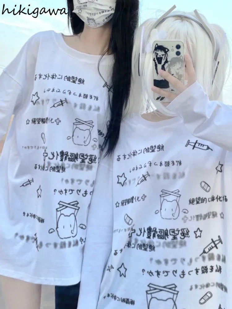 Japanese Tshirts for Women 2024 Ropa Mujer Oversized Tops Long Sleeve Casual Tees Fashion Letter Print Cute Clothes Y2k T Shirt