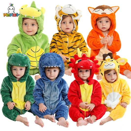 MICHLEY Halloween Baby Rompers Winter Clothes Flannel Hooded Bodysuits Pajamas Animals Overall Jumpsuit For Girls Boys Kids