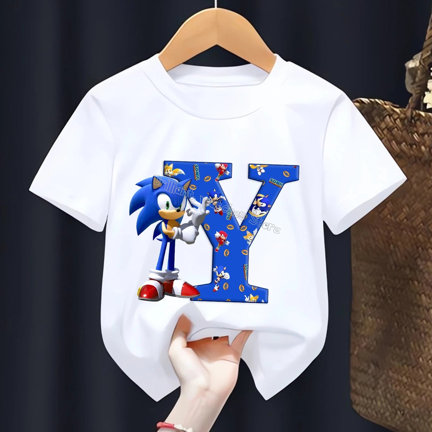 Sonic T-shirt for Children Letters A-Z Tee Top Cartoon Boys Clothes Fashion White Short Sleeve Kids Anime Loose Clothing Gift