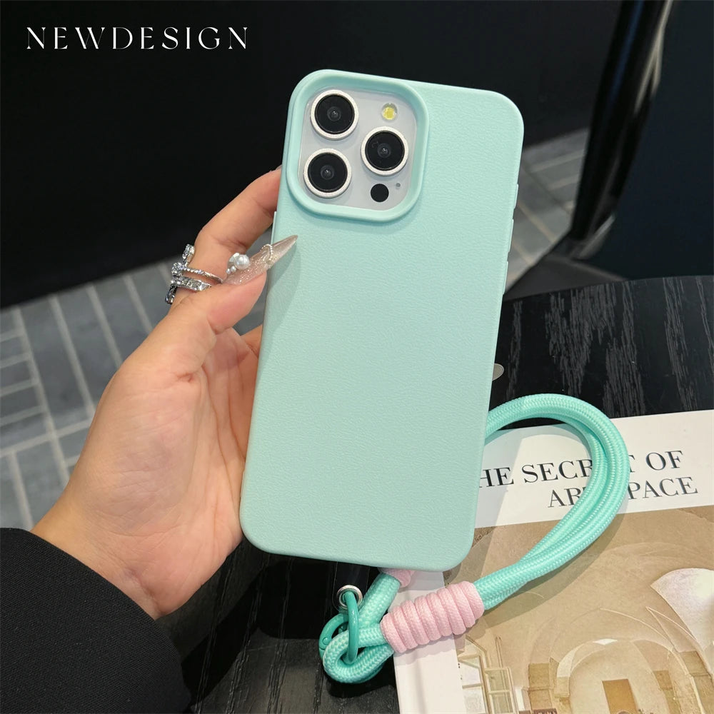 Fashion Cute Candy Leather Texture With Wrist Strap Case For iPhone 15 14 11 12 13 16 Pro Max Plus X XR XsMax Solid Color Cover