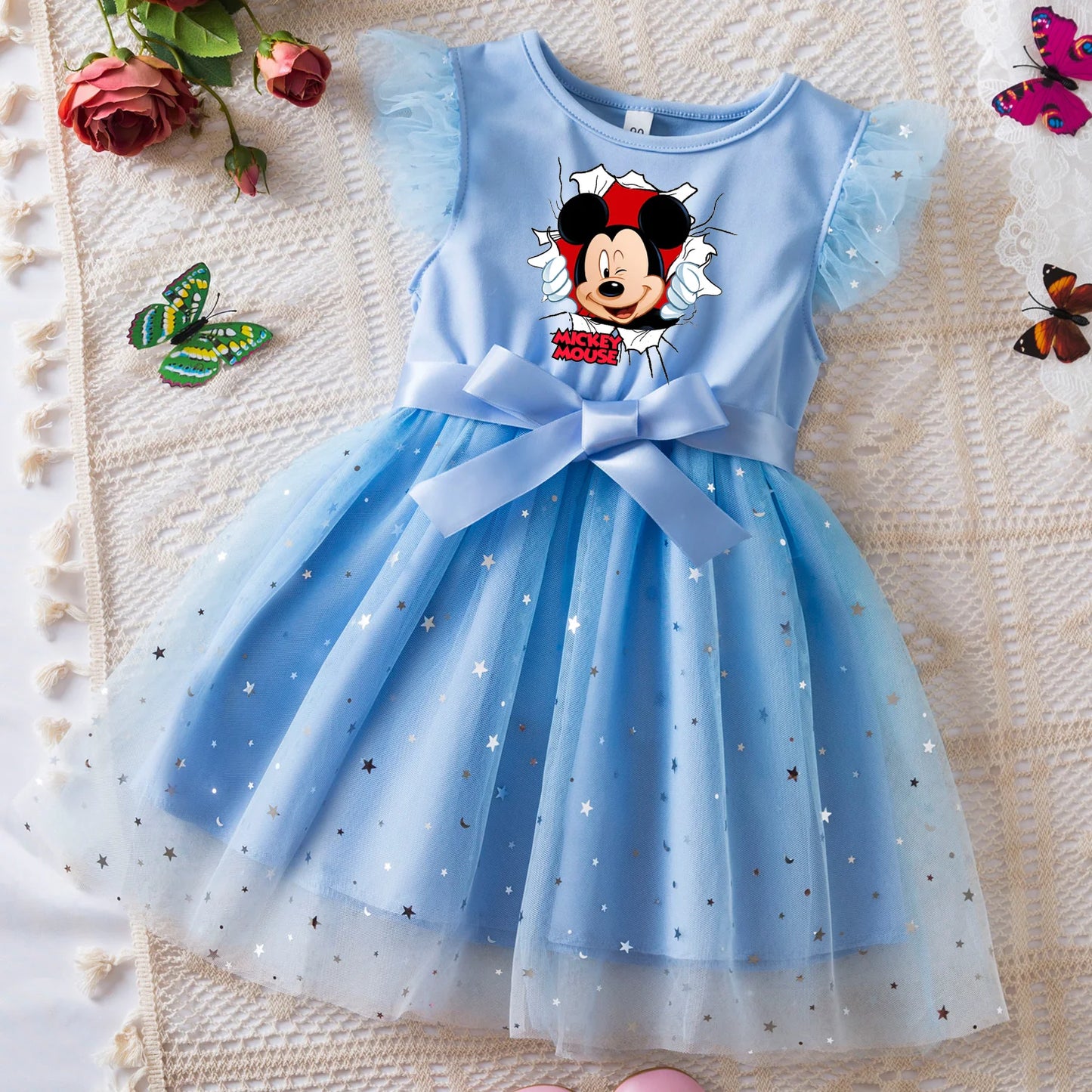 Mickey Minnie Mouse Girls Summer Clothes Flying Sleeves Bow Sequin Dress 2-6Y Kid Birthday Tutu Princess Dress for Baby Girl