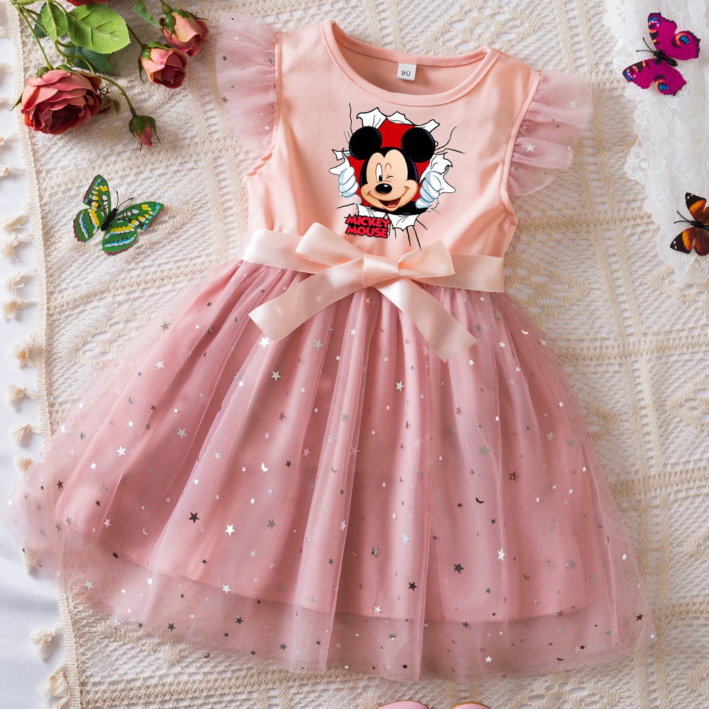 Mickey Minnie Mouse Girls Summer Clothes Flying Sleeves Bow Sequin Dress 2-6Y Kid Birthday Tutu Princess Dress for Baby Girl