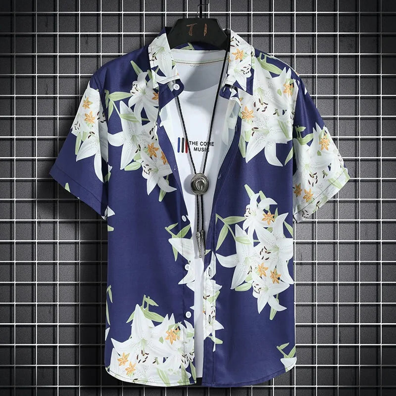 Hawaiian beach shirts Men's short-sleeved casual shirts Seaside vacation quick-drying clothes Loose floral tops