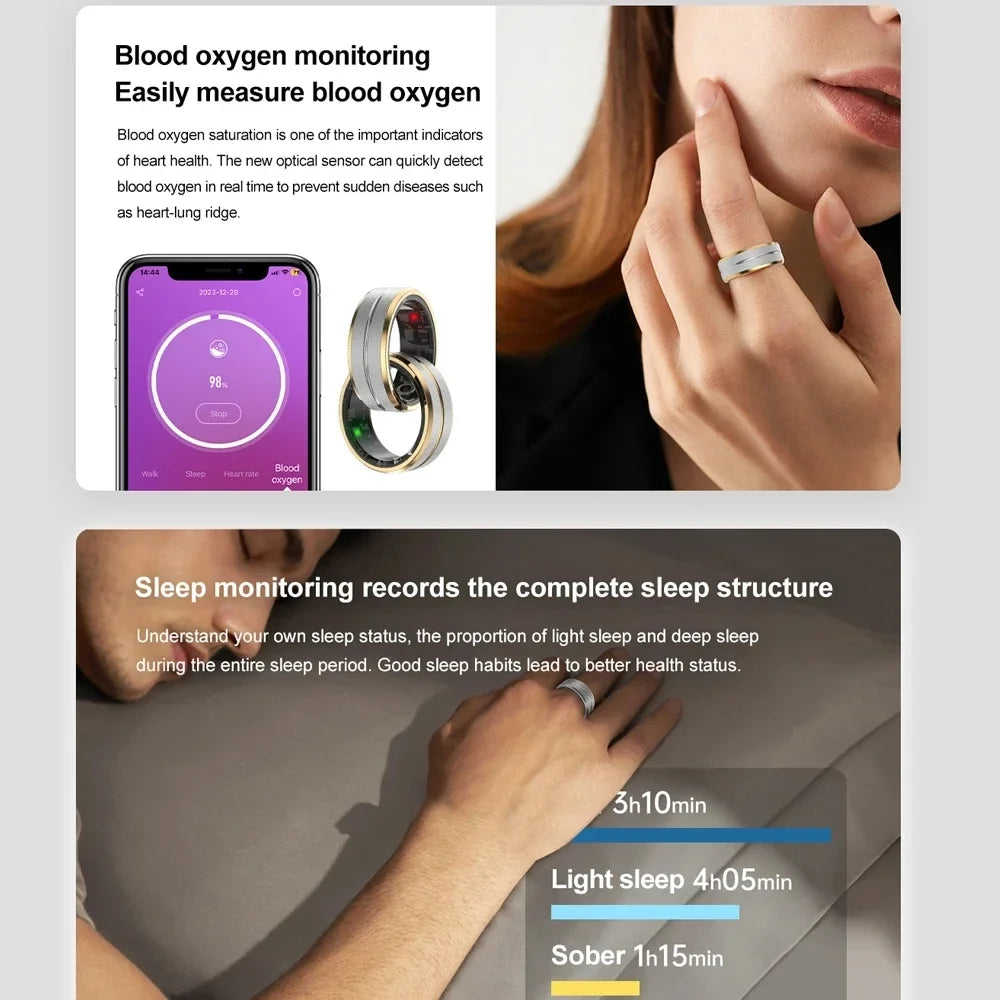 The 2024 New women men Smart Ring is a sports fitness tracker watch that's IP68 waterproof and can monitor blood oxygen levels. It's perfect for Android and iOS users. This smart ring is great for fitness enthusiasts and tech lovers alike!