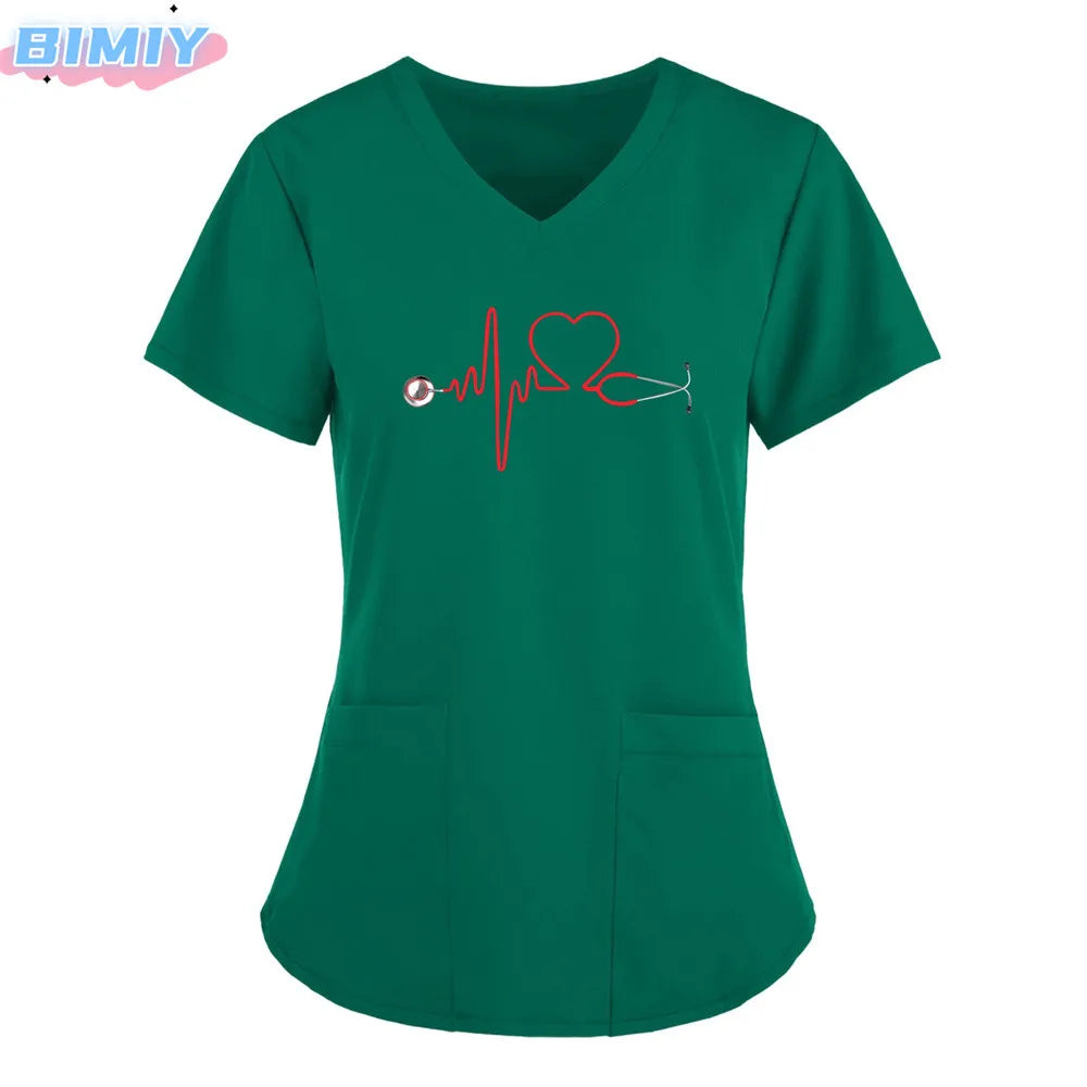 Letter Love Heart Nurse Uniform Print Tops V-Neck Pocket Medical Uniforms Nursing Scrubs Tops Working Clothes uniforme enfermera