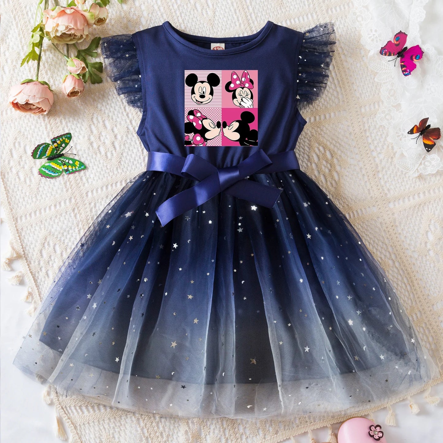 Mickey Minnie Mouse Girls Summer Clothes Flying Sleeves Bow Sequin Dress 2-6Y Kid Birthday Tutu Princess Dress for Baby Girl