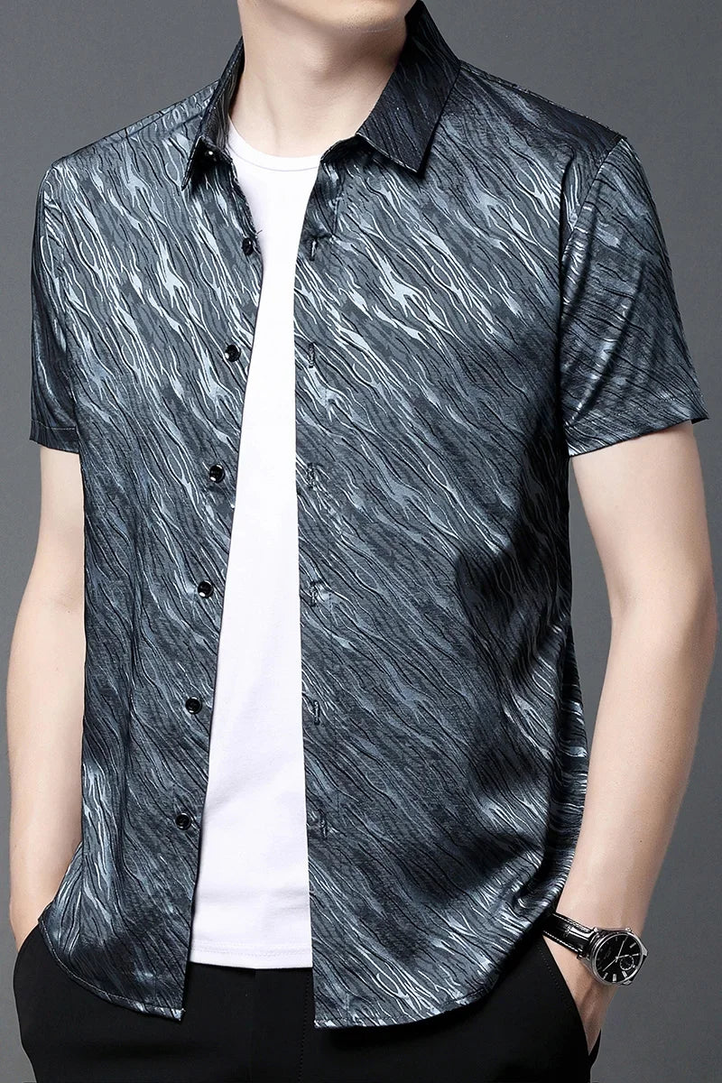 Printed Elastic Mens Shirts Loose Summer Mens Clothing Large Sizes Blouse Soft Comfortable Work Office Wear Stretch Clothes Gent