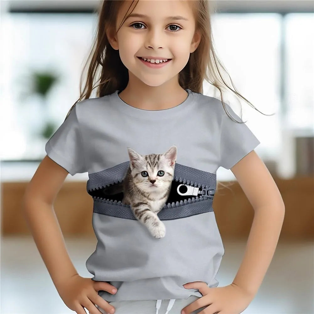 Kids Girls' Clothes 3D Cat Print Tee Shirt Short Sleeve Children's Clothing Fashion Costumes for Girls Top Aged from 2 To12 Year