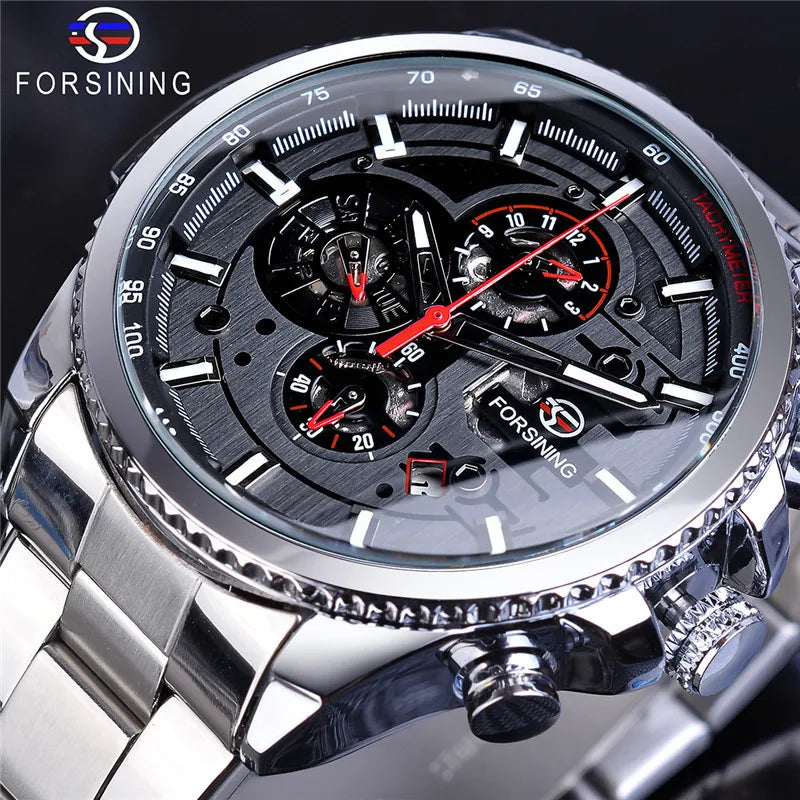 Forsining Top Men's Watches Military Stainless Steel Waterproof Date Week Display Brand Automatic Mechanical Watch for Men