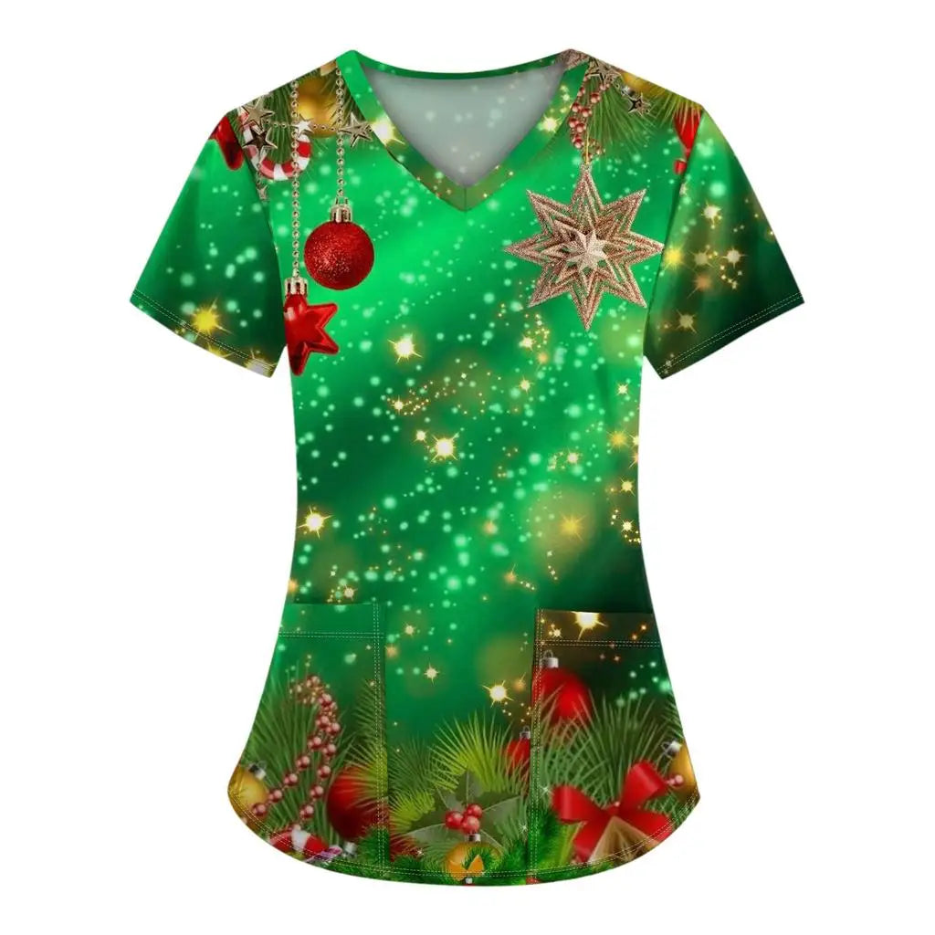 Women's work uniforms Christmas anime print cartoon V-neck tops ladies shirts nurse work clothes medical uniforms