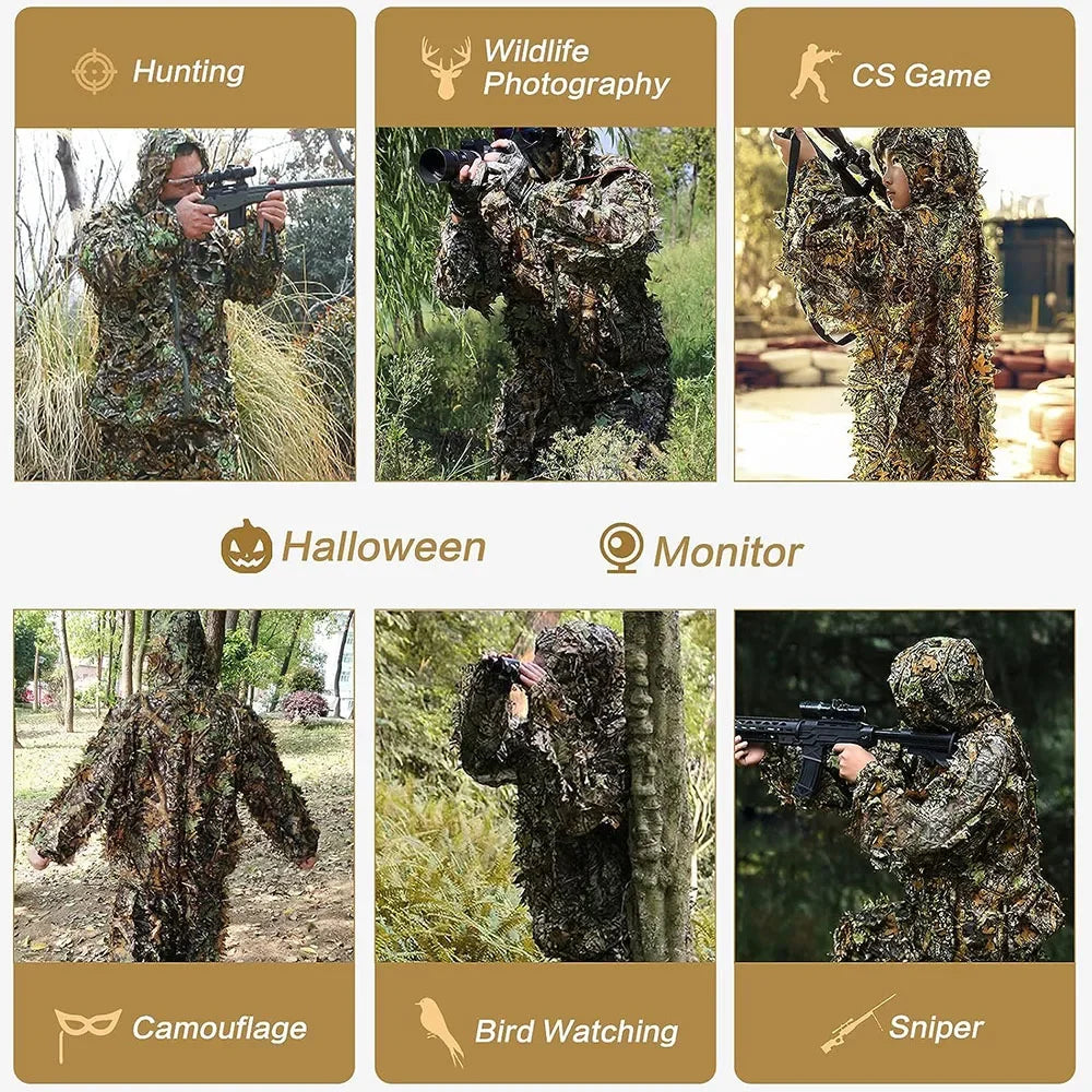 Ghillie Suit Men Women Kids 3D Leafy Bionic Camouflage Hunting Clothing CS Shooting Suit Tactical Combat Clothes Set