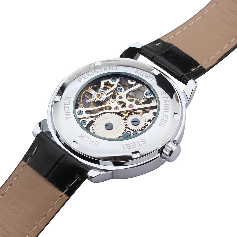 Forsining Transparent Luxury Skeleton Mechanical Watches Casual Leather Strap thin Watch for Men Luminous Hands reloj hombre