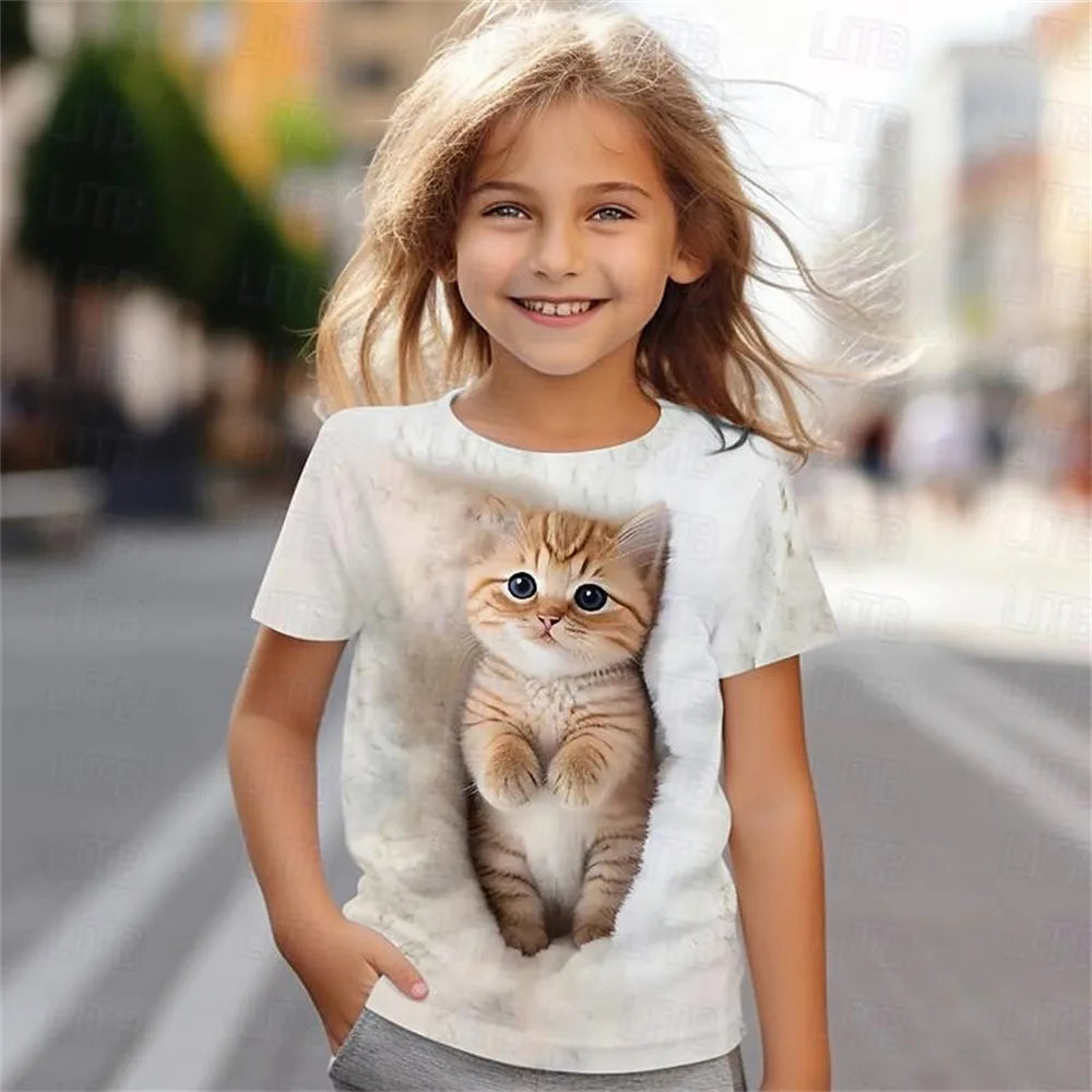 Kids Girls' Clothes 3D Cat Print Tee Shirt Short Sleeve Children's Clothing Fashion Costumes for Girls Top Aged from 2 To12 Year