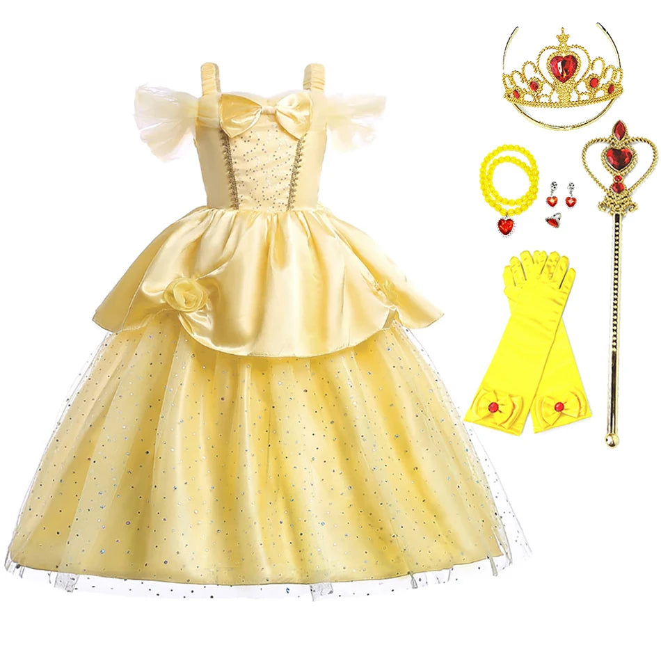 Kids Princess Dresses Girls Belle Party Costume Children Christmas Birthday Flower Clothes Beauty and the Beast Fancy Disguise