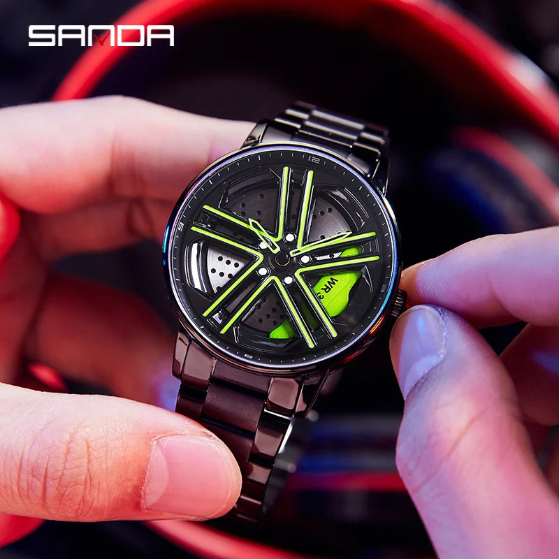 SANDA P1090 Regarder Mens Rim Hub Watch Wheel Wristwatch Clock Sport Car Creative 360 Spinning male WristWatches Reloj de hombre