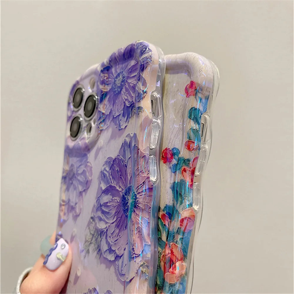 Ottwn Luxury Laser Oil Painting Flowers Phone Cases For iPhone 11 12 13 14 15 16 Pro Max Shockproof Soft Bumper Back Cover Shell