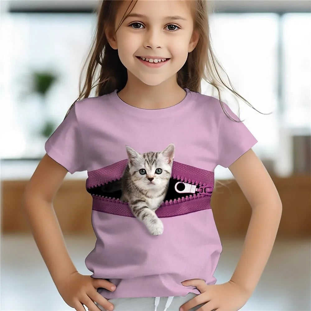 Kids Girls' Clothes 3D Cat Print Tee Shirt Short Sleeve Children's Clothing Fashion Costumes for Girls Top Aged from 2 To12 Year