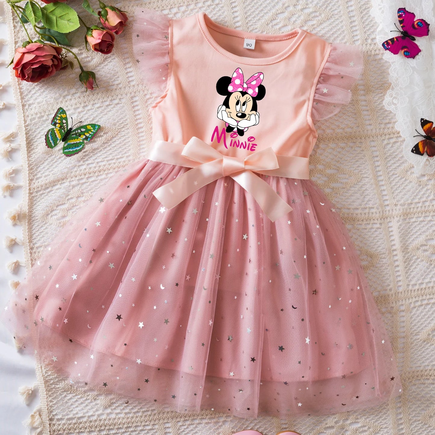 Mickey Minnie Mouse Girls Summer Clothes Flying Sleeves Bow Sequin Dress 2-6Y Kid Birthday Tutu Princess Dress for Baby Girl