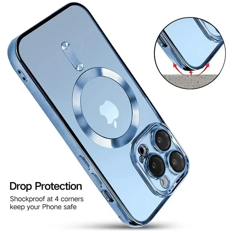 Luxury Wireless Charge Magsafe Phone Case For iPhone 15 14 13 12 11 Pro Max Plus Transparent Magnetic Electroplate Bumper Cover