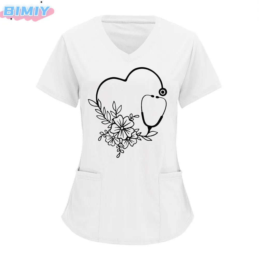 Letter Love Heart Nurse Uniform Print Tops V-Neck Pocket Medical Uniforms Nursing Scrubs Tops Working Clothes uniforme enfermera