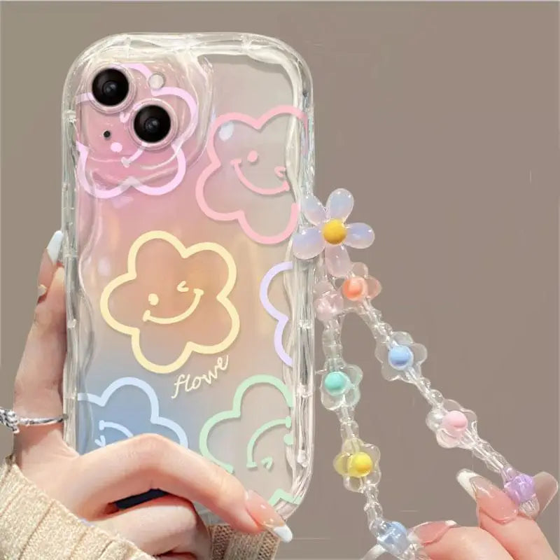 Phone Case For iPhone 16 15 Pro Max 14 11 13 12 Mini XR 8 7 Plus X XS SE 2020 2022  Back Cover Flower Bracelet Wrist Chain Strap