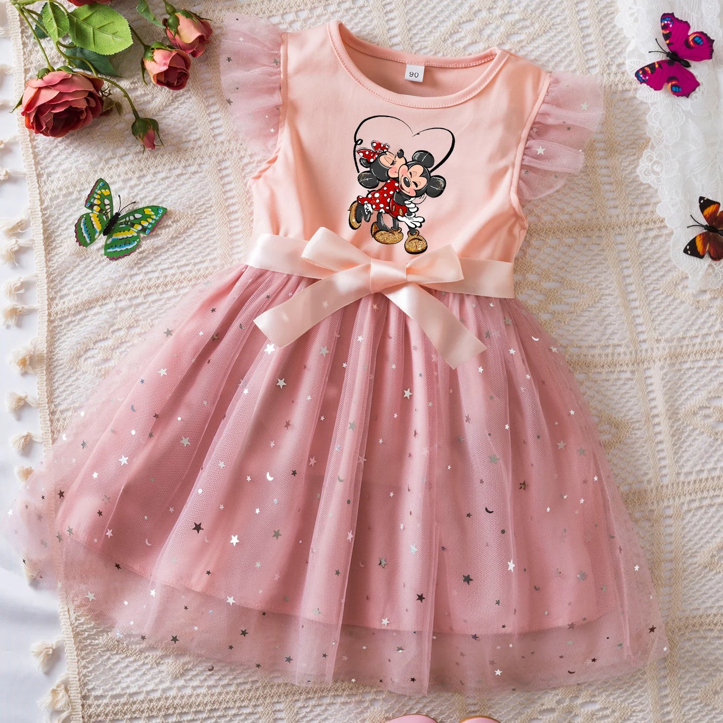 Mickey Minnie Mouse Girls Summer Clothes Flying Sleeves Bow Sequin Dress 2-6Y Kid Birthday Tutu Princess Dress for Baby Girl