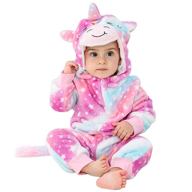 MICHLEY Halloween Baby Rompers Winter Clothes Flannel Hooded Bodysuits Pajamas Animals Overall Jumpsuit For Girls Boys Kids