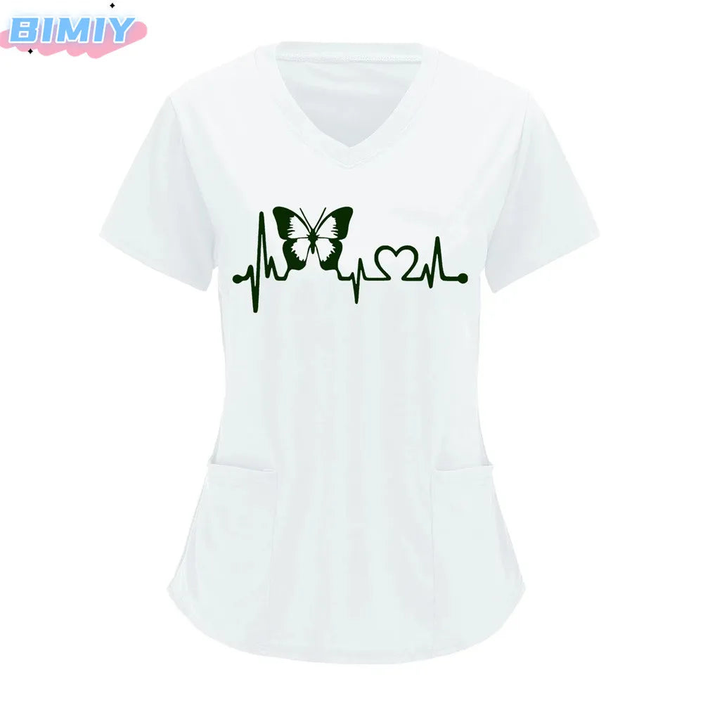 Letter Love Heart Nurse Uniform Print Tops V-Neck Pocket Medical Uniforms Nursing Scrubs Tops Working Clothes uniforme enfermera