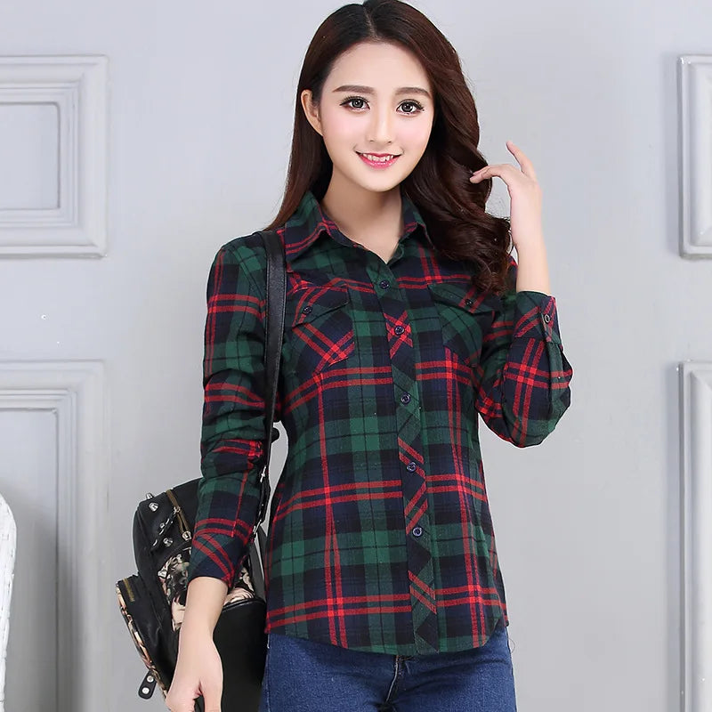 Women's Plaid Shirts 2023 Autumn New Ladies Casual Long Sleeve Pocket Cotton Shirt Fine Elegant Lady Checked Tops Clothes