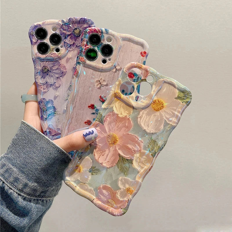 Laser Blue Light Flowers Phone Case For iPhone 14 Pro Max 11 12 13 Pro Max 14Pro 13Pro Luxury Shockproof TPU Soft Silicone Cover