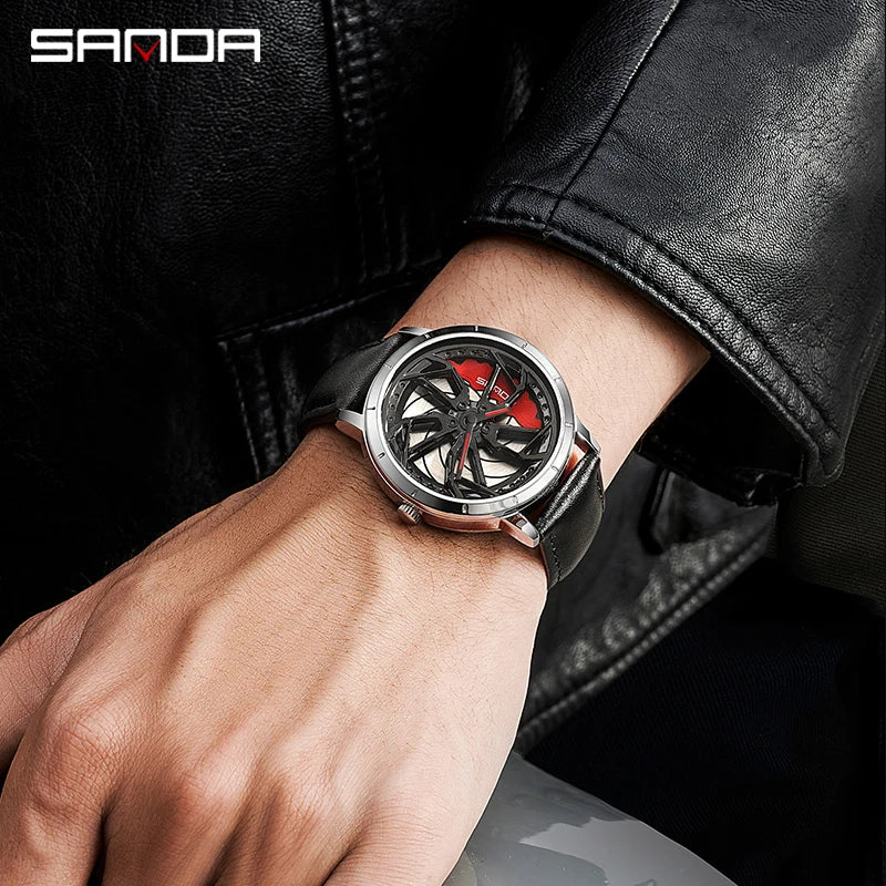 SANDA 1086 360 Degrees Rotating Wheel Dial Men's Quartz Watches Men Fashion Business Racing Car Rim Wristwatch Relogio Masculino